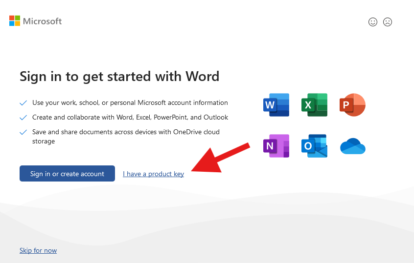 Microsoft Word screen with I have a product key option