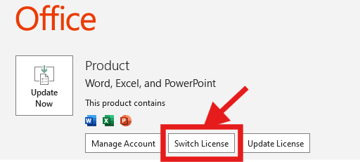 Office Account screen highlighting Switch License