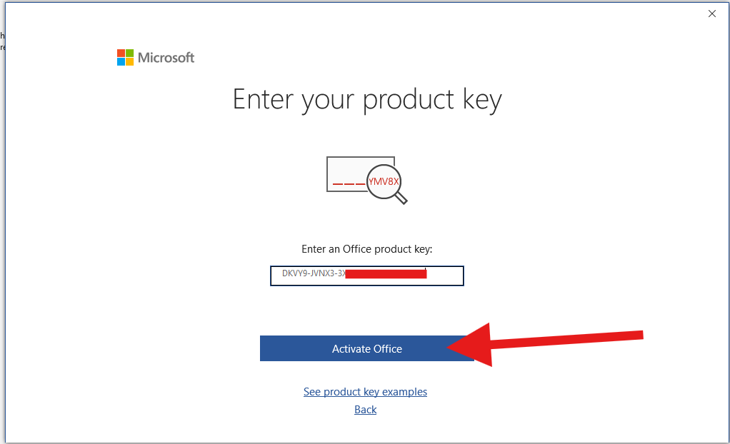 Microsoft Office product key entry window
