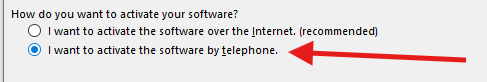 Office activation wizard telephone option