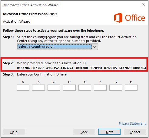 Office activation wizard showing Installation ID