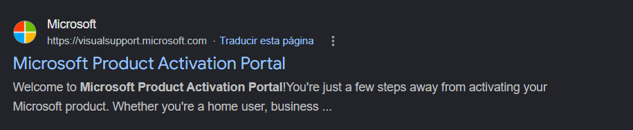 Microsoft Product Activation Portal search result