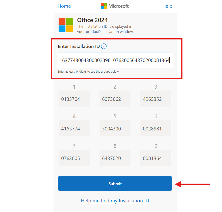 Microsoft portal Installation ID field