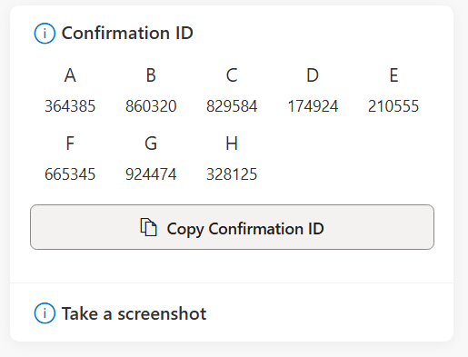 Confirmation ID generated after submitting Installation ID