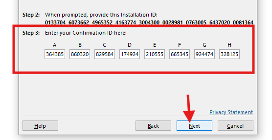 Office activation wizard Confirmation ID fields