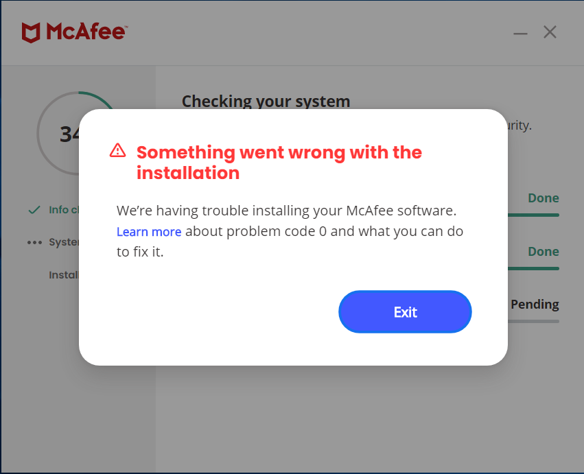 McAfee安装错误代码 0