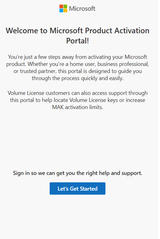 Microsoft Activation Portal product activation selection