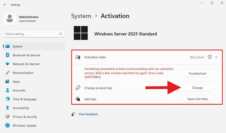 Activate by phone option in Windows Server 2025