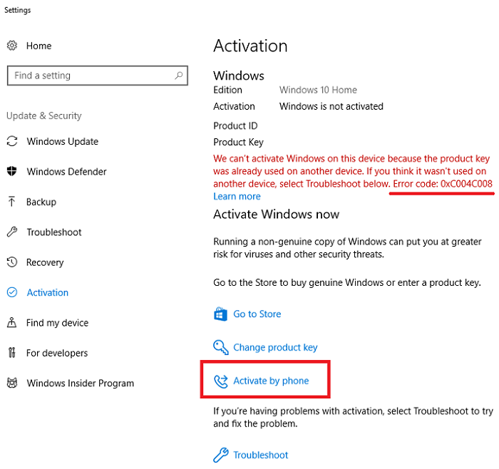 Activate by phone option in Windows