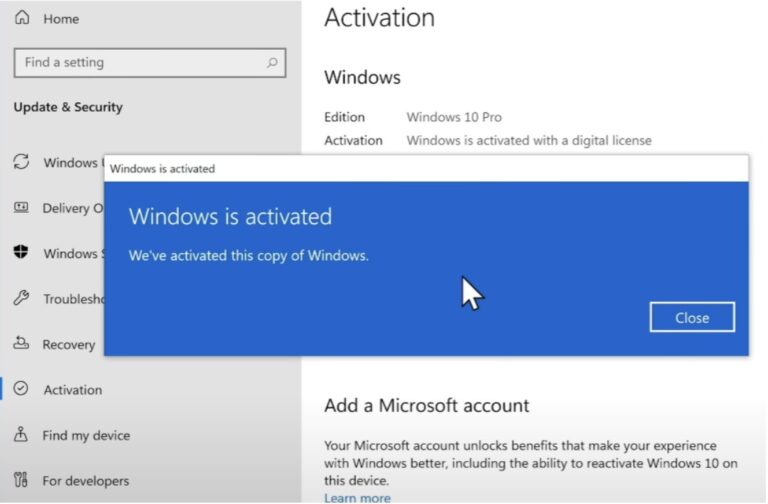 Windows activation settings showing Windows is activated