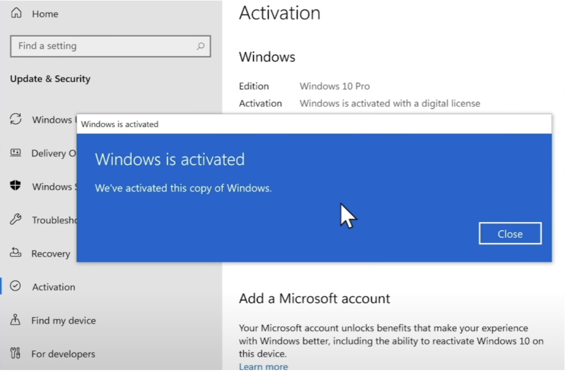 Windows activation settings showing Windows is activated