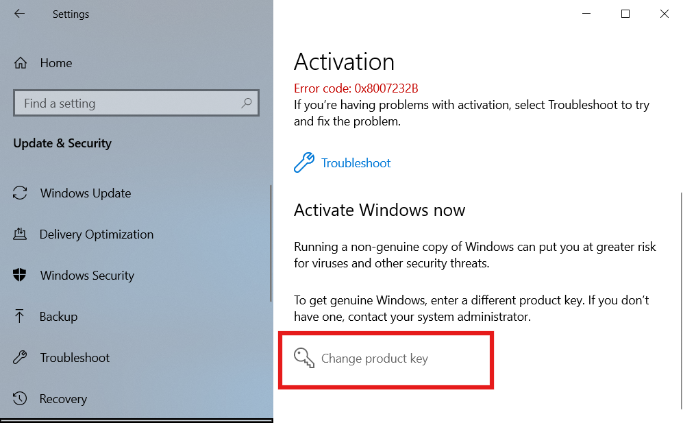 Change product key option in Windows activation settings