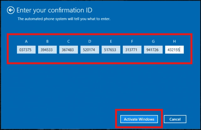 Windows activation wizard Confirmation ID fields
