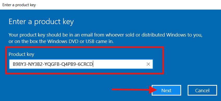 Windows dialog for entering a product key