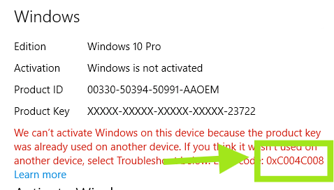 Windows activation error 0xC004C008