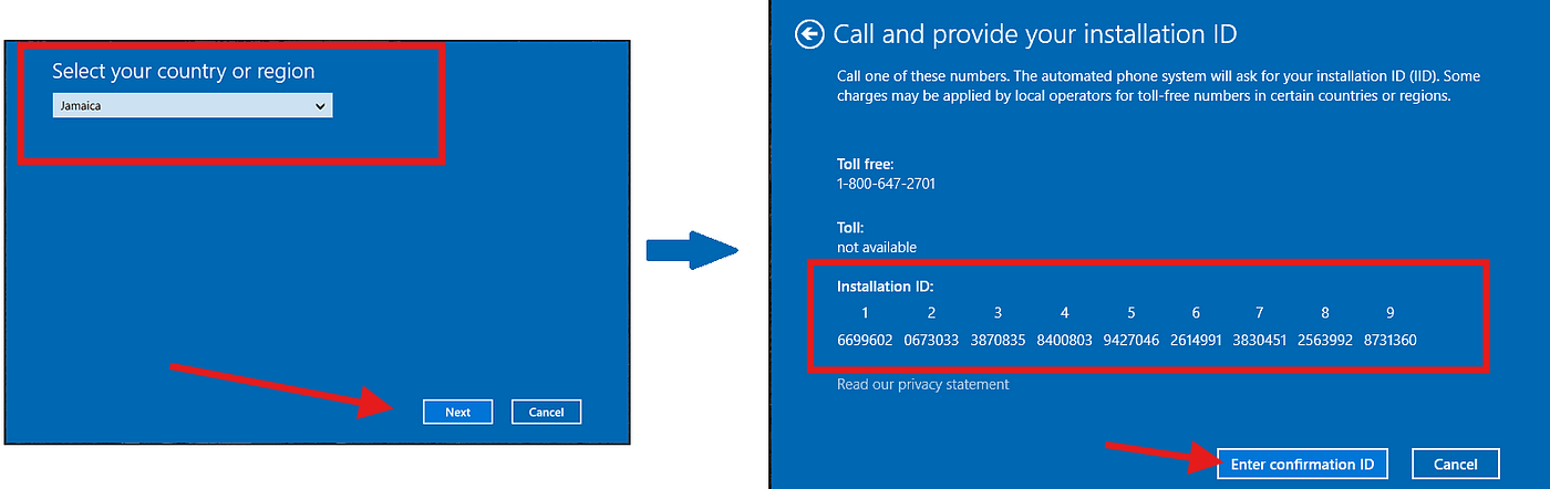 Windows telephone activation wizard showing the Installation ID