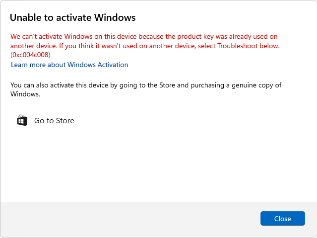 Détails de l'erreur d'activation Windows 11