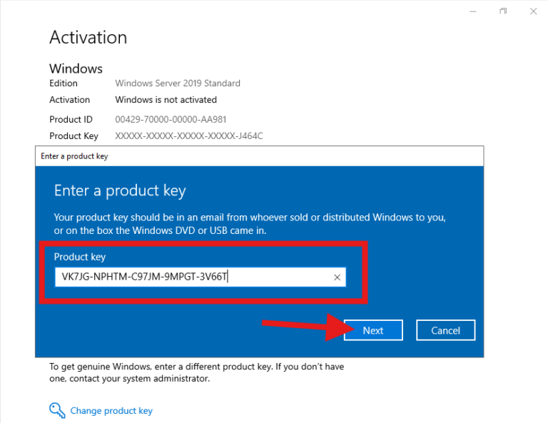 Windows Server product key verification dialog