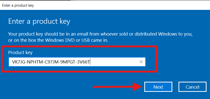 Windows product key window with the generic Windows Pro upgrade key entered