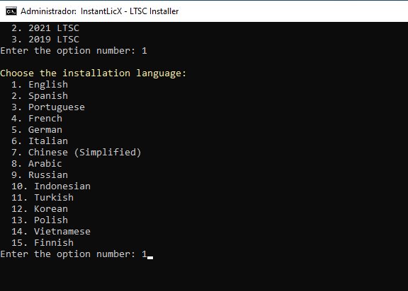 Menu di selezione della lingua nel programma di installazione LTSC