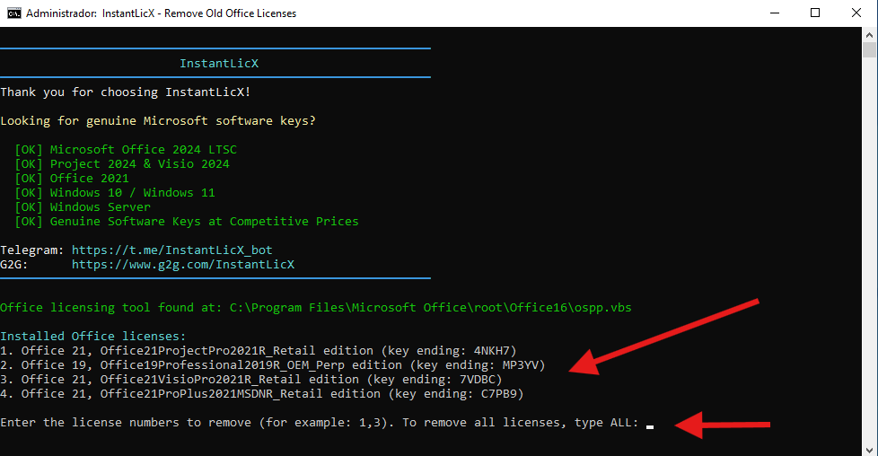 Administrator terminal running the old Office license removal tool