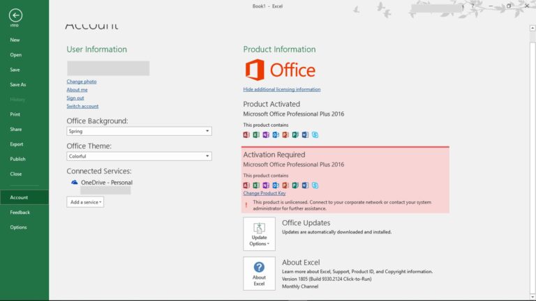 Office Account showing a valid Office license and an invalid activation entry