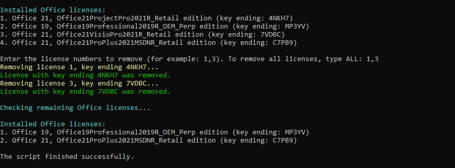 Terminal confirming that the old Office license cleanup finished successfully