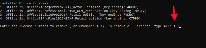 Terminal prompt for selecting license numbers to remove