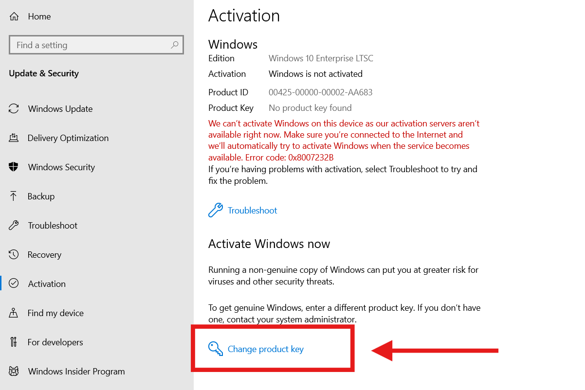 Windows 10 Enterprise LTSC activation settings showing Change product key