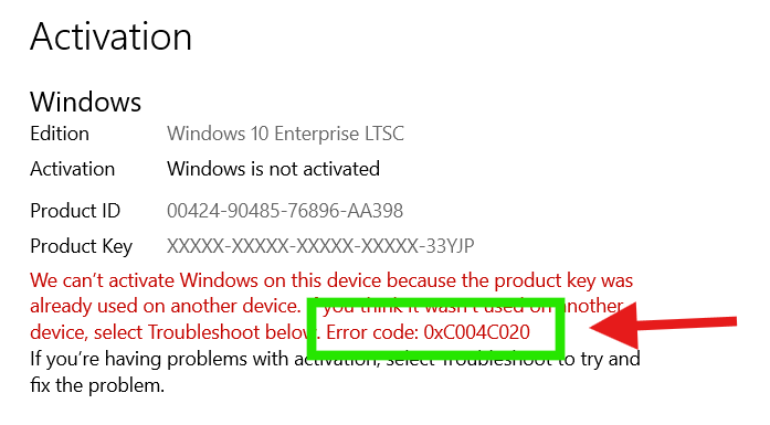 Windows 10 activation settings showing error code 0xC004C020