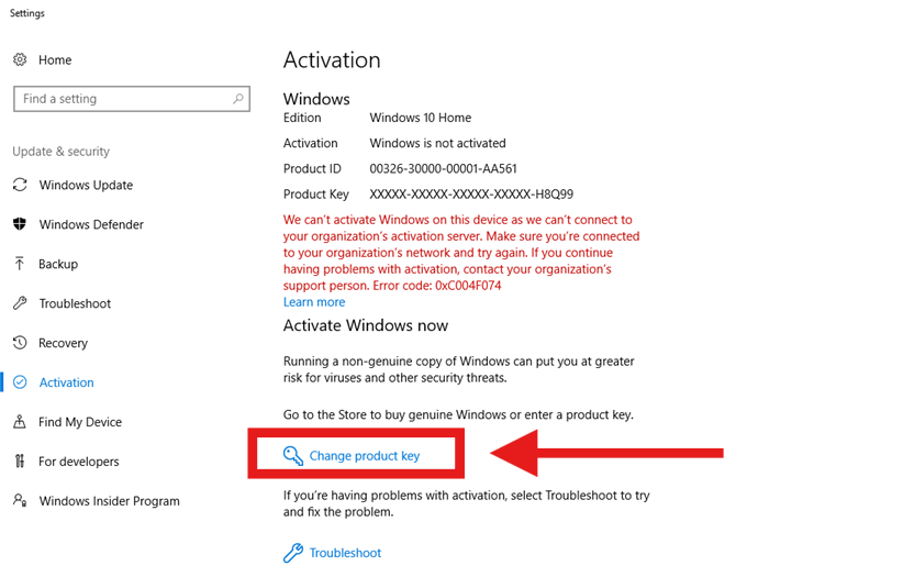 Windows 10 Home activation settings with Change product key highlighted