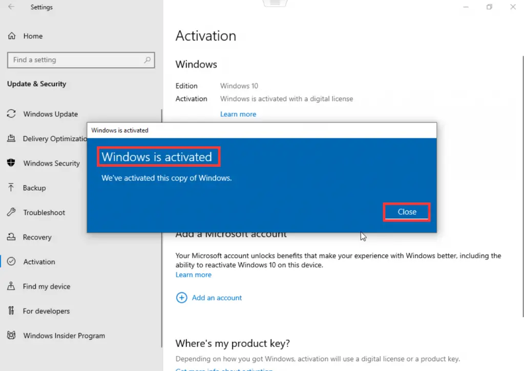 Windows 10 activation settings showing Windows is activated