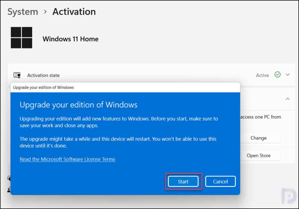 Windows confirmation window to upgrade the edition to Pro