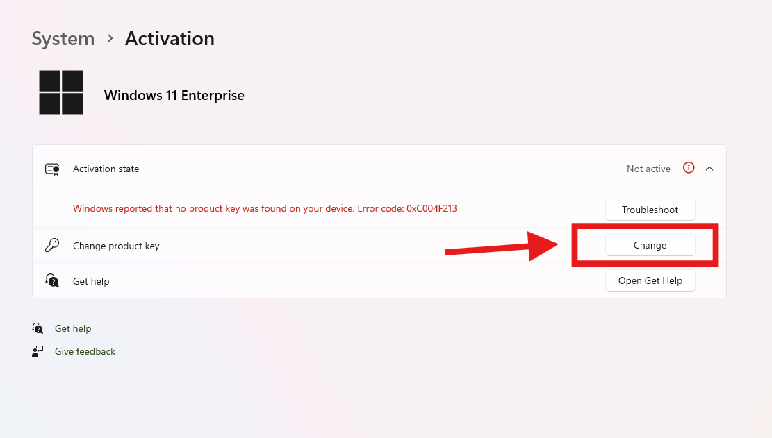 Windows 11 Enterprise activation settings showing Change product key