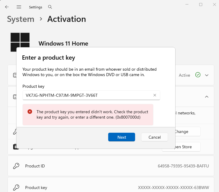 Windows activation settings showing error 0x8007000d