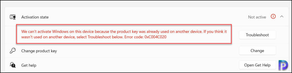 Windows 11 activation settings showing error code 0xC004C020