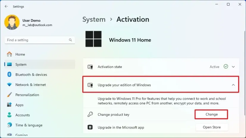 Windows 11 Home active with Change product key available