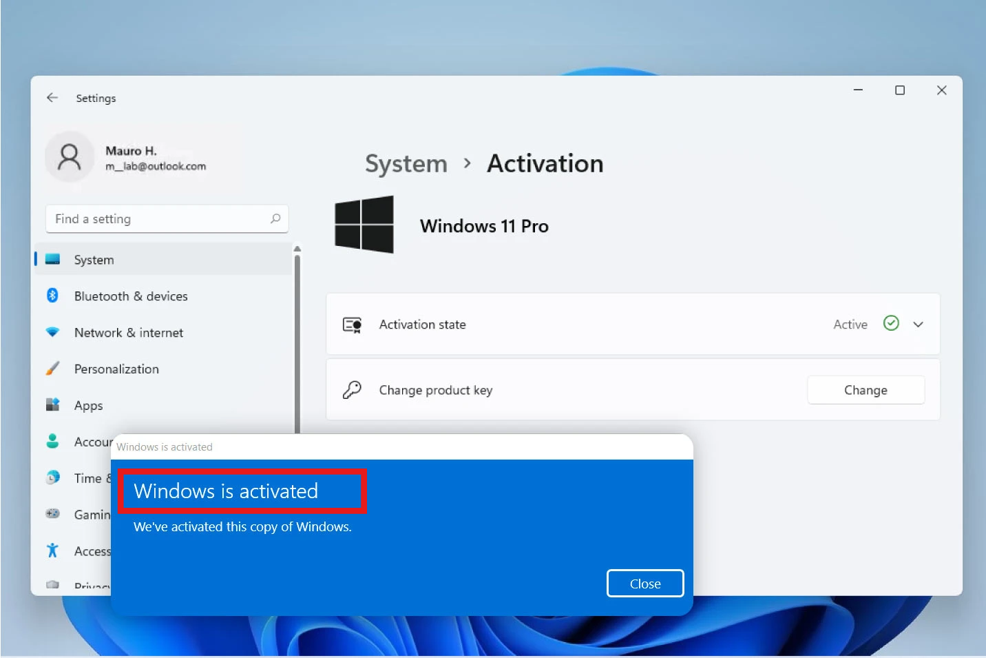 Windows 11 activation settings showing Windows is activated
