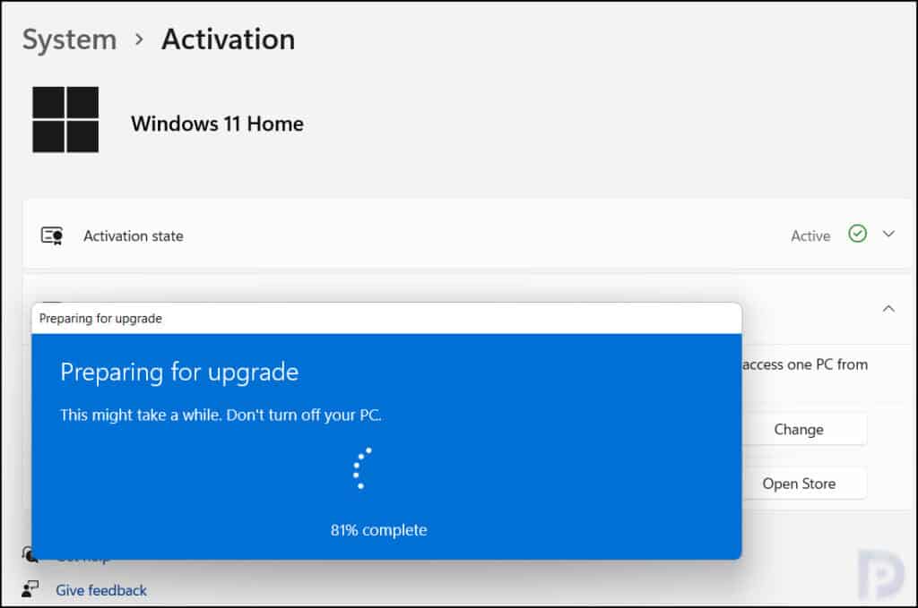 Windows edition upgrade progress window