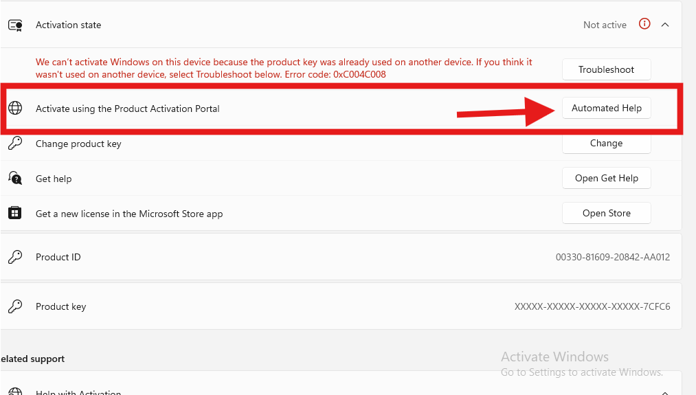 Windows 11 Activation settings showing the Automated Help option